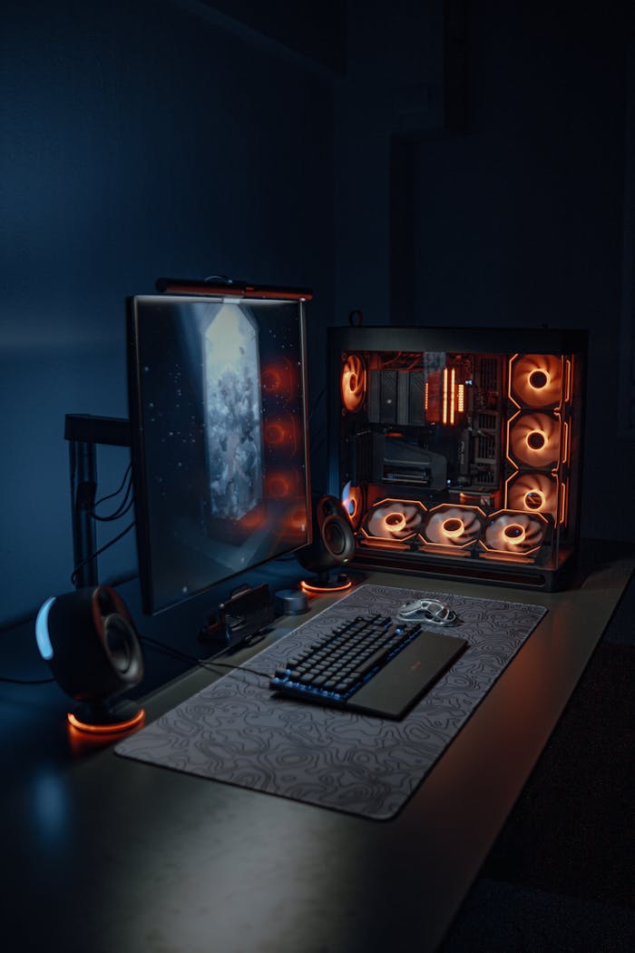 Sleek gaming workstation with RGB-lit PC and peripherals in a dimly lit room.